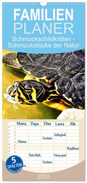 Familienplaner 2026 - Schmuckschildkröten - Schmuckstücke der Natur mit 5 Spalten (Wandkalender, 21 x 45 cm) CALVENDO