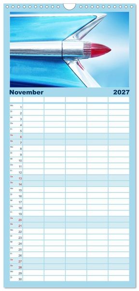 Produktbild: Familienplaner 2027 - US Klassiker Farbenfrohe Heckansichten mit 5 Spalten (Wandkalender, 21 x 45 cm) CALVENDO