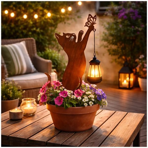Produktbild: HTI-Living Gartenstecker Katze mit Lampe Metall Rostoptik Gartendeko mit Laterne