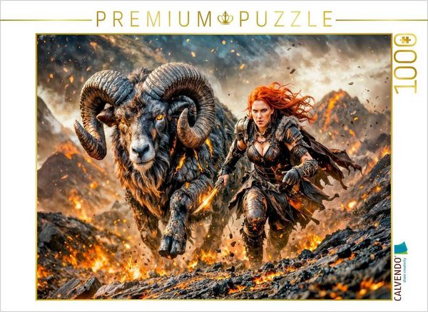 CALVENDO Puzzle Widder - Kriegerin der Flammen mit dem Tierkreiszeichen | 1000 Teile Lege-Größe 64x48cm Foto-Puzzle für glückliche Stunden