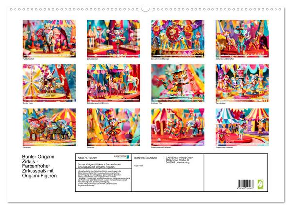 Produktbild: Bunter Origami Zirkus - Farbenfroher Zirkusspa&szlig; mit Origami-Figuren (Wandkalender 2026 DIN A2 quer), CALVENDO Monatskalender