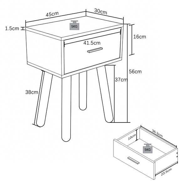 Produktbild: Nachttisch mit Schublade 45x30x56 cm Singol L