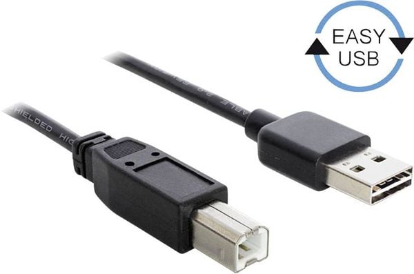 Delock USB-Kabel USB 2.0 USB-A Stecker, USB-B Stecker 1.00 m Schwarz beidseitig verwendbarer Stecker, vergoldete Steckko