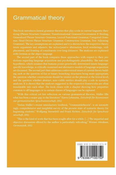 Produktbild: Grammatical theory: From transformational grammar to constraint-based approaches. Second revised and extended edition. Vol. I.