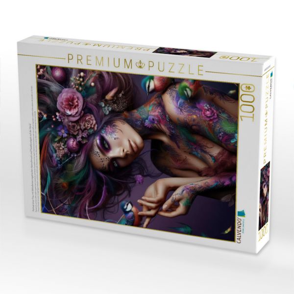 Produktbild: CALVENDO Puzzle Portrait einer Frau mit lilafarbenen organischen Haarschmuck und Paradiesv&ouml;geln auf der Hand | 1000 Teile Lege-Gr&ouml;&szlig;e 64x48cm Foto-Puzz