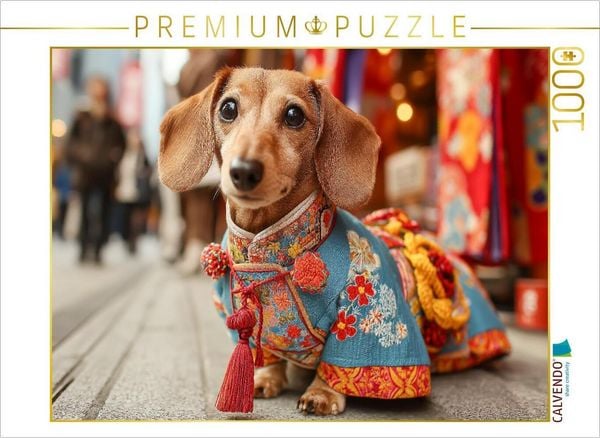 Produktbild: CALVENDO Puzzle Dackel in traditioneller Kleidung auf Tokios Stra&szlig;en - Hundepuzzle mit Fernweh-Garantie | 1000 Teile Lege-Gr&ouml;&szlig;e 64x48cm Foto-Puzzle f&uuml;r gl&uuml;ckliche Stunden