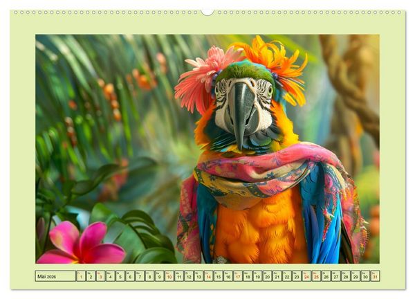 Produktbild: Papageien-Fashion. Farbenfroher Modestil im Dschungel (Wandkalender 2026 DIN A2 quer), CALVENDO Monatskalender