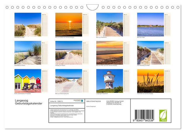 Produktbild: Langeoog Geburtstagskalender (Wandkalender 2026 DIN A4 quer), CALVENDO Monatskalender