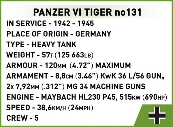 Produktbild: COBI Historical Collection 2588 - Panzer VI Tiger no131, WWII, Bausatz 1:28, 1275 Klemmbausteine