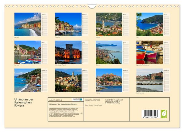 Produktbild: Urlaub an der Italienischen Riviera (Wandkalender 2026 DIN A3 quer), CALVENDO Monatskalender