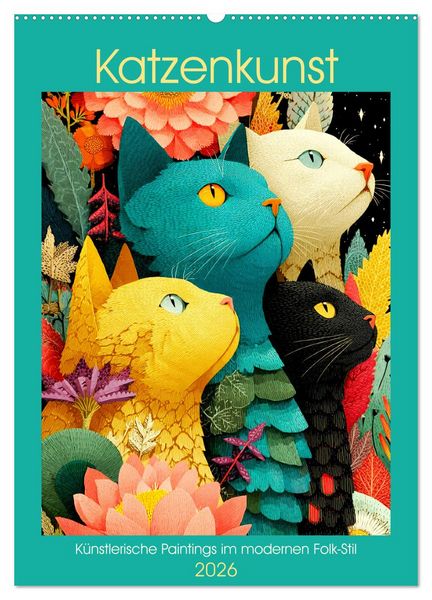 Produktbild: Katzenkunst. K&uuml;nstlerische Paintings im modernen Folk-Stil (Wandkalender 2026 DIN A2 hoch), CALVENDO Monatskalender
