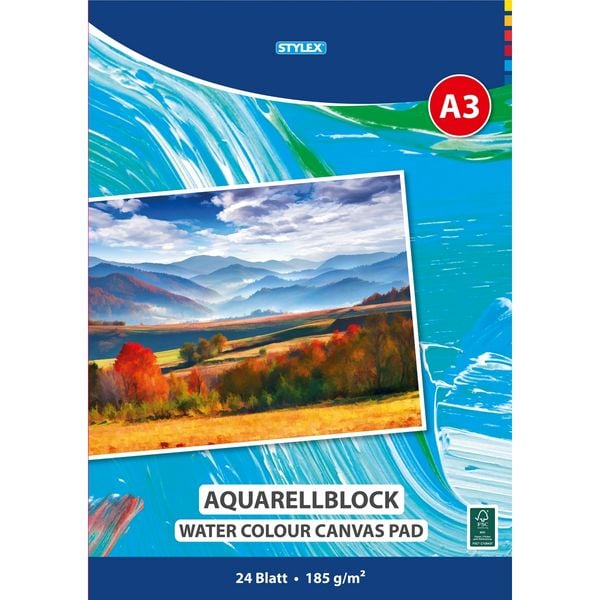 Produktbild: STYLEX Aquarellblock kopfgeleimt 185g/m&sup2; DIN A3 24 Blatt
