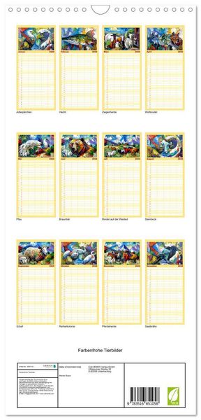 Produktbild: Familienplaner 2026 - Farbenfrohe Tierbilder mit 5 Spalten (Wandkalender, 21 x 45 cm) CALVENDO