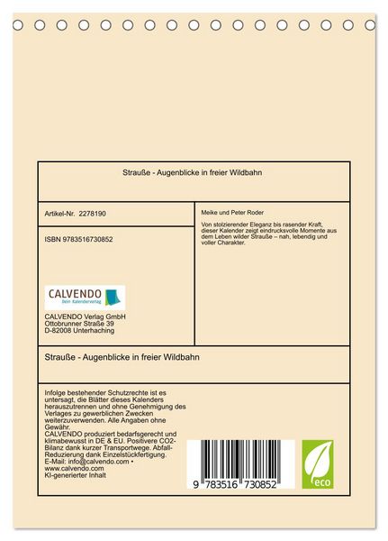 Produktbild: Strau&szlig;e - Augenblicke in freier Wildbahn (Tischkalender 2026 DIN A5 hoch), CALVENDO Monatskalender