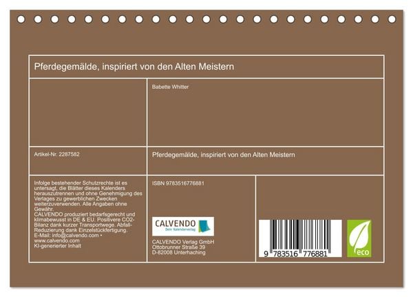 Produktbild: Pferdegem&auml;lde, inspiriert von den Alten Meistern (Tischkalender 2027 DIN A5 quer), CALVENDO Monatskalender