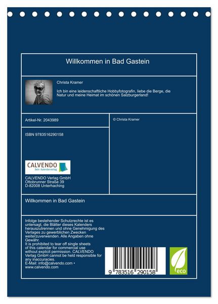 Produktbild: Willkommen in Bad Gastein (Tischkalender 2026 DIN A5 hoch), CALVENDO Monatskalender