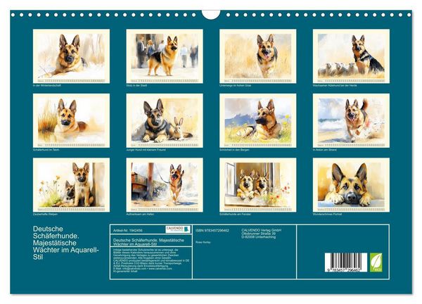 Produktbild: Deutsche Sch&auml;ferhunde. Majest&auml;tische W&auml;chter im Aquarell-Stil (Wandkalender 2026 DIN A3 quer), CALVENDO Monatskalender
