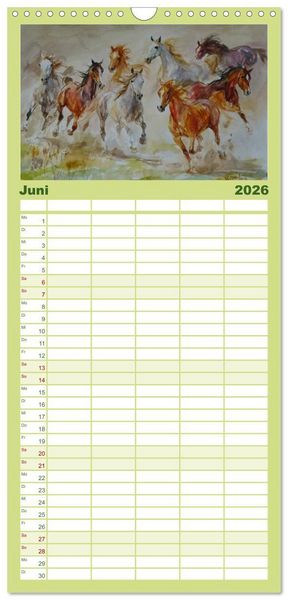 Produktbild: Familienplaner 2026 - Mit Pferden durch die Jahreszeiten - Pferdebilder in &Ouml;l und Aquarell mit 5 Spalten (Wandkalender, 21 x 45 cm) CALVENDO