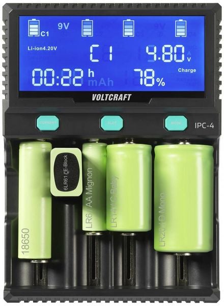 Produktbild: VOLTCRAFT IPC-4 Rundzellen-Ladeger&auml;t LiIon, LiFePO, NiMH, NiCd, LiFePO4 A, Mignon (AA), Micro (AAA), Mini (AAAA), Baby (C), Sub-C
