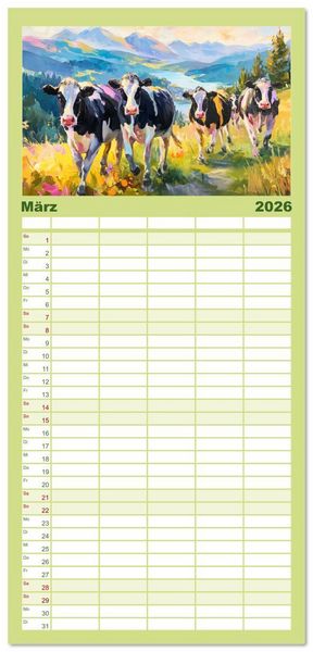 Produktbild: Familienplaner 2026 - Almseelen im Licht der Berge. Charmante K&uuml;he in kunstvoller &Ouml;loptik mit 5 Spalten (Wandkalender, 21 x 45 cm) CALVENDO