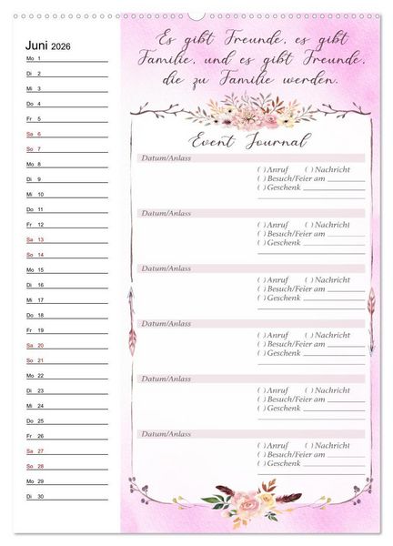 Produktbild: Geburtstagsplaner Boho Rosa - F&uuml;r Termine, Geschenke, Eventdetails & mehr (Wandkalender 2026 DIN A2 hoch), CALVENDO Monatskalender