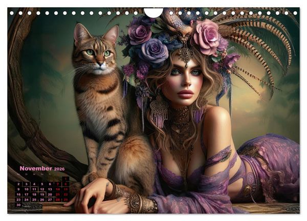 Produktbild: Luxuri&ouml;ser Bohemian Flair - Elegante Frauen mit anmutigen Katzen (Wandkalender 2026 DIN A4 quer), CALVENDO Monatskalender