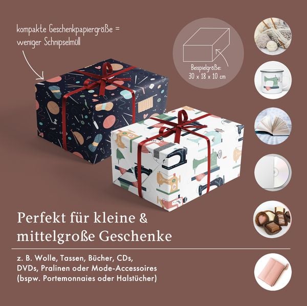 Produktbild: Geschenkpapier-Set: N&auml;hmaschinen, Stoff, Wolle, Stricken