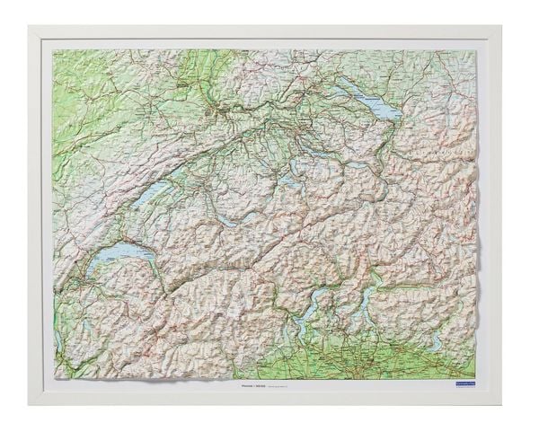 Produktbild: K&uuml;mmerly+Frey Relief Karte Schweiz mit Holzrahmen weiss lackiert 1:500.000