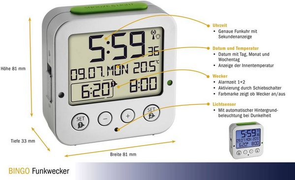 Produktbild: TFA Dostmann 60.2528.54 Funk Wecker Silber Alarmzeiten 2