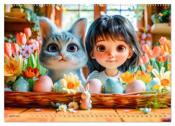 Produktbild: Lina und die Katzen - Magische Abenteuer in niedlichen Szenen (hochwertiger Premium Wandkalender 2026 DIN A2 quer), Kunstdruck in Hochglanz