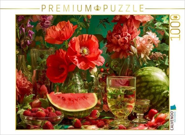 Produktbild: CALVENDO Puzzle Stillleben mit Mohnblumen, Erdbeeren und Wassermelone | 1000 Teile Lege-Gr&ouml;&szlig;e 64x48cm Foto-Puzzle f&uuml;r gl&uuml;ckliche Stunden
