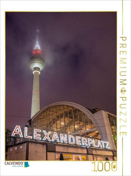 CALVENDO Puzzle Alexanderplatz bei Nacht - Turm & Schriftzug | 1000 Teile Lege-Größe 64x48cm Foto-Puzzle für glückliche Stunden