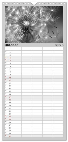 Produktbild: Familienplaner 2026 - Pusteblume - Impressionen in schwarzwei&szlig; mit 5 Spalten (Wandkalender, 21 x 45 cm) CALVENDO