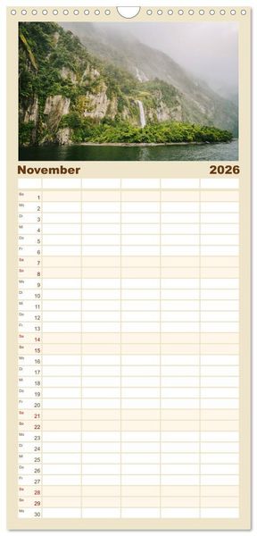 Produktbild: Familienplaner 2026 - Neuseeland - Landschaftstr&auml;ume mit 5 Spalten (Wandkalender, 21 x 45 cm) CALVENDO