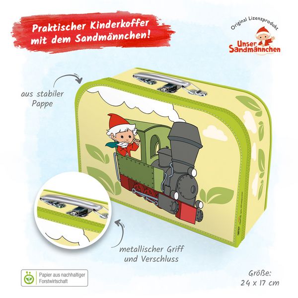 Produktbild: Tr&ouml;tsch Kinderkoffer "Sandmann" Lokomotive medium, Pappkoffer, Koffer aus Pappe, Geschenk Verpackung, Gutschein Verpackung,Spielkoffer, Metallgriff und Metallhenkel, Reisekoffer Kinder