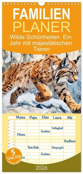Produktbild: Familienplaner 2026 - Wilde Sch&ouml;nheiten. Ein Jahr mit majest&auml;tischen Tieren mit 5 Spalten (Wandkalender, 21 x 45 cm) CALVENDO
