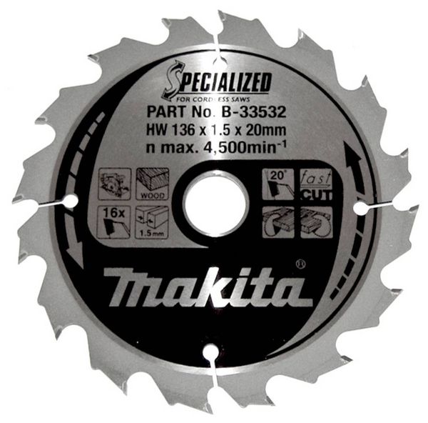 Makita SPECIALIZED B-33532 Hartmetall Kreissägeblatt 136 x 20 x 1 mm Zähneanzahl: 16 1 St.