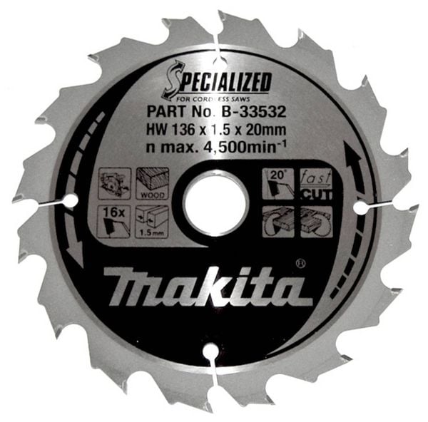 Makita SPECIALIZED B-33532 Hartmetall Kreissägeblatt 136 x 20 x 1mm Zähneanzahl: 16 1St.