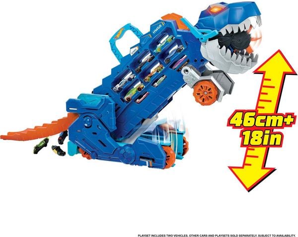 Produktbild: Der Hot Wheels City Ultimative Transporter verwandelt sich in einen T-Rex mit Rennstrecke, Aufbewahrung von mehr als 20 Autos