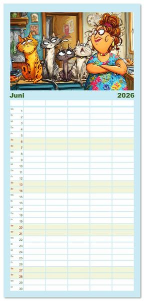 Produktbild: Familienplaner 2026 - Katzen und Frauen. Lustige Cartoons vom t&auml;glichen Chaos mit 5 Spalten (Wandkalender, 21 x 45 cm) CALVENDO