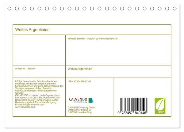 Produktbild: Weites Argentinien (Tischkalender 2026 DIN A5 quer), CALVENDO Monatskalender