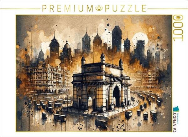 CALVENDO Puzzle Mumbais Gateway in sepiafarbenen Aquarellschattierungen durch KI erschaffen | 1000 Teile Lege-Größe 64x48cm Foto-Puzzle für glückliche Stunden