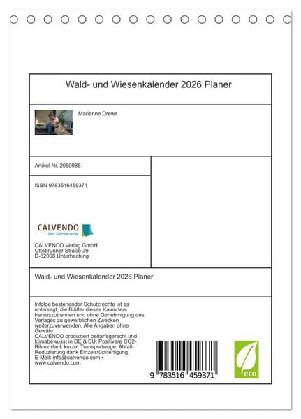 Produktbild: Wald- und Wiesenkalender 2026 Planer (Tischkalender 2026 DIN A5 hoch), CALVENDO Monatskalender