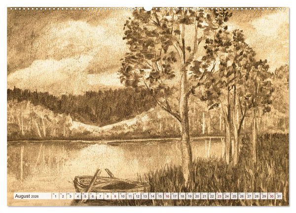 Produktbild: Pausen f&uuml;r deine Seele - Seelenlandschaften in Sepia - Ein Jahr der Ruhe mit Kohlezeichnungen (Wandkalender 2026 DIN A2 quer), CALVENDO Monatskalender