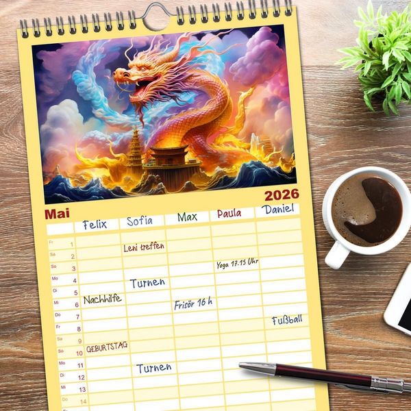Produktbild: Familienplaner 2026 - Drachen-Jahr - Kalenderplaner im Stile des chinesischen Tierkreiszeichens mit 5 Spalten (Wandkalender, 21 x 45 cm) CALVENDO