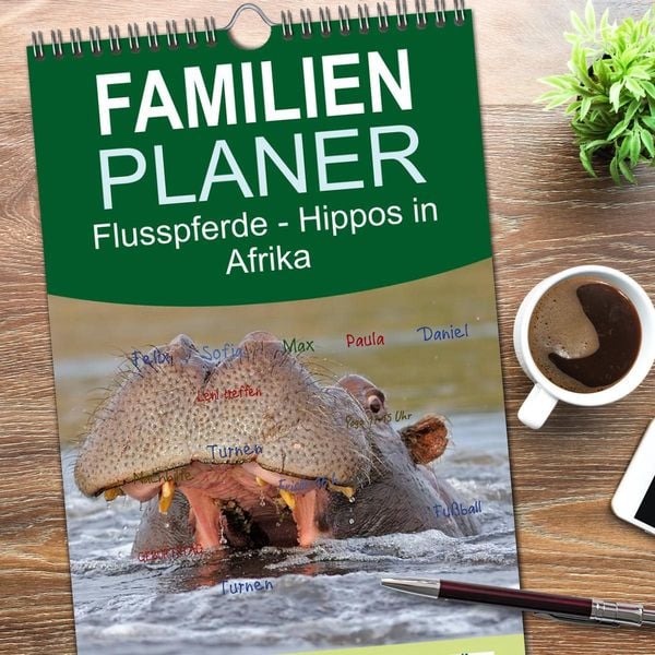 Produktbild: Familienplaner 2026 - Flusspferde Magie des Augenblicks - Hippos in Afrika mit 5 Spalten (Wandkalender, 21 x 45 cm) CALVENDO