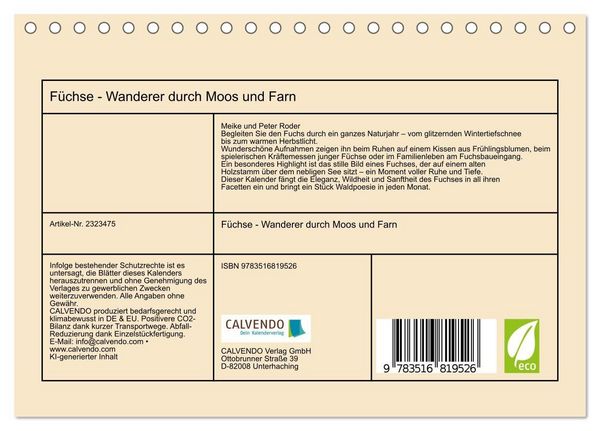 Produktbild: F&uuml;chse - Wanderer durch Moos und Farn (Tischkalender 2027 DIN A5 quer), CALVENDO Monatskalender