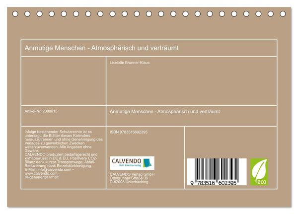 Produktbild: Anmutige Menschen - Atmosph&auml;risch und vertr&auml;umt (Tischkalender 2026 DIN A5 quer), CALVENDO Monatskalender