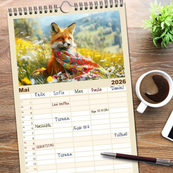 Produktbild: Familienplaner 2026 - Fuchsige Eskapaden. Reineke mit noblen Accessoires mit 5 Spalten (Wandkalender, 21 x 45 cm) CALVENDO
