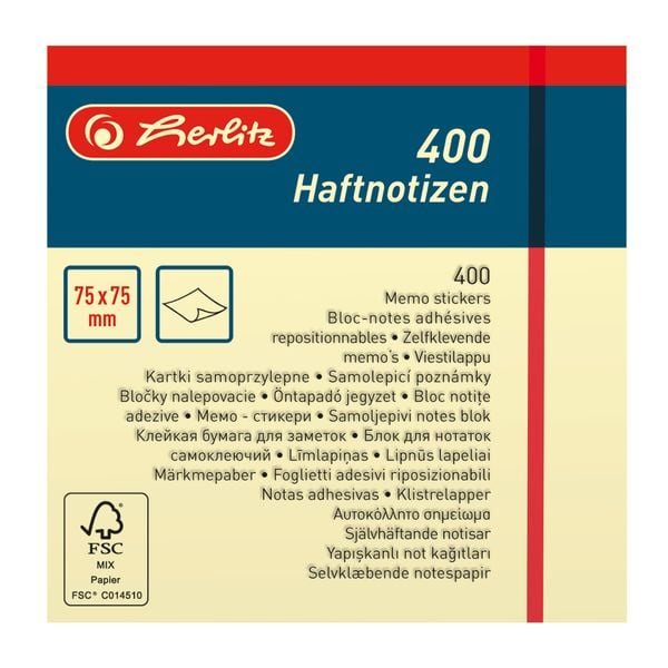Produktbild: Herlitz Haftnotizblock 75x75mm 400 Blatt gelb